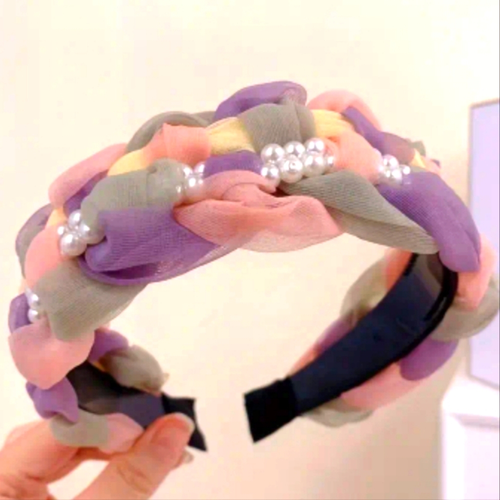 New boutique handmade pearl silk braided wide band flexible beautiful headband